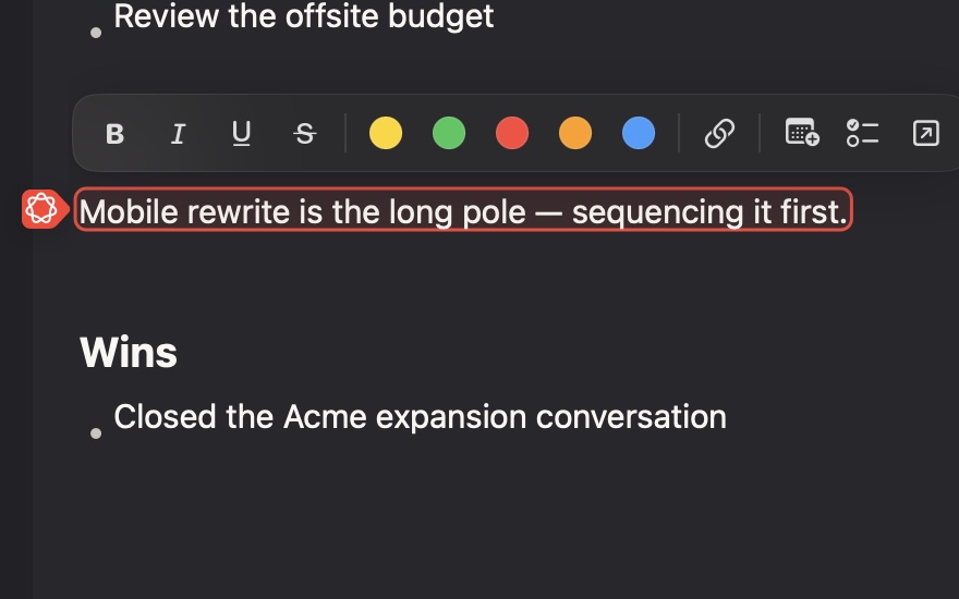 The floating format bar over a past day's text, showing the Copy to Today button