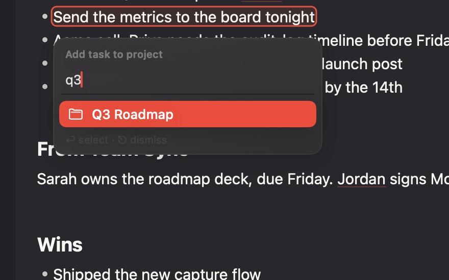 The project picker: a small floating panel titled 'Add task to project' with a fuzzy-search field and project rows