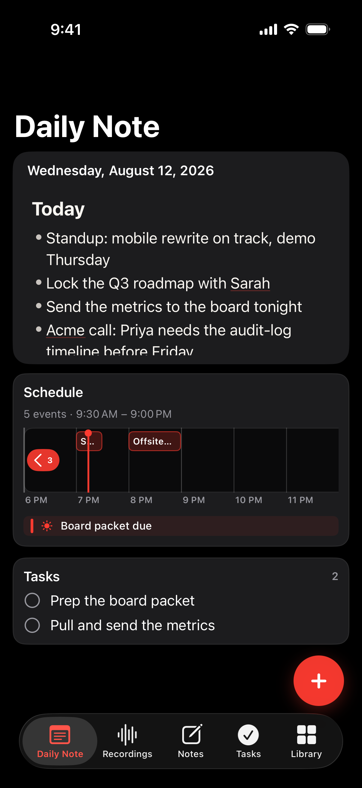 Today's daily note with the calendar schedule and due tasks on iPhone