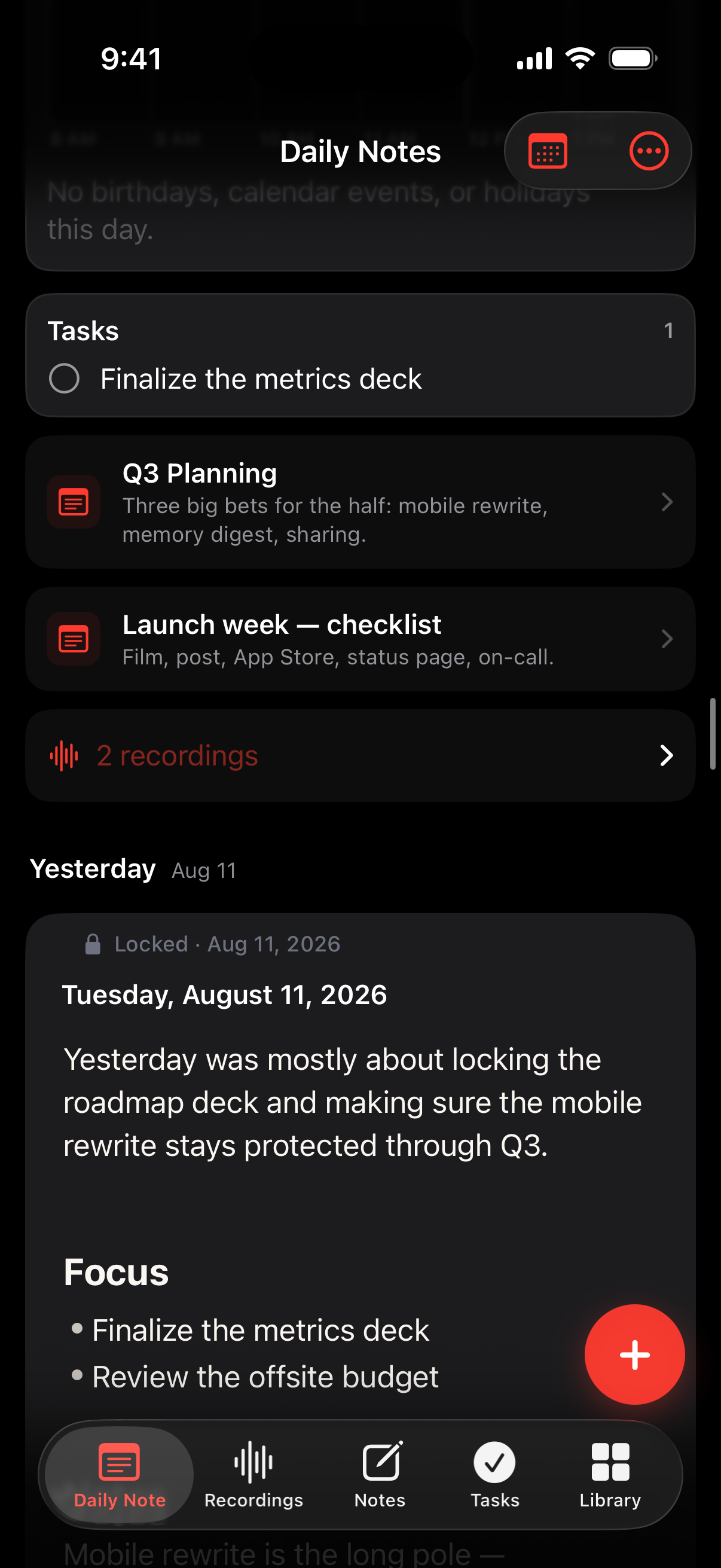 The iPhone timeline: yesterday's daily note stacked under today's