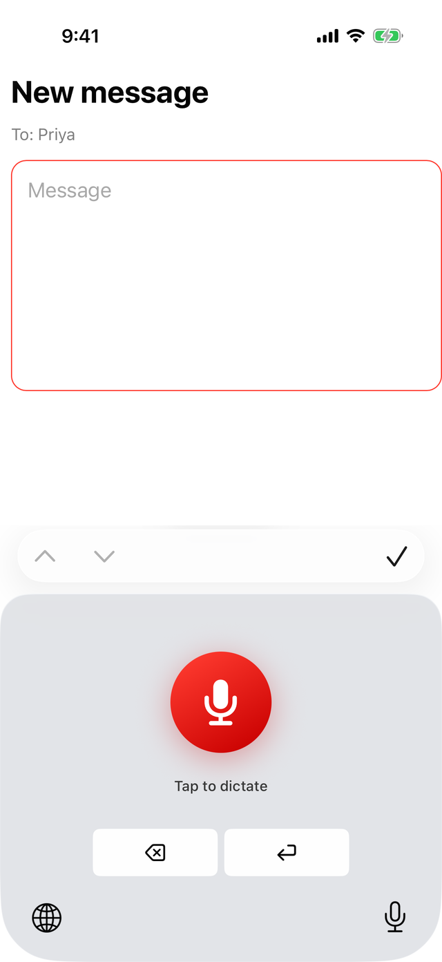 The Rammenta keyboard under a new message: one large red microphone button and the words Tap to dictate.