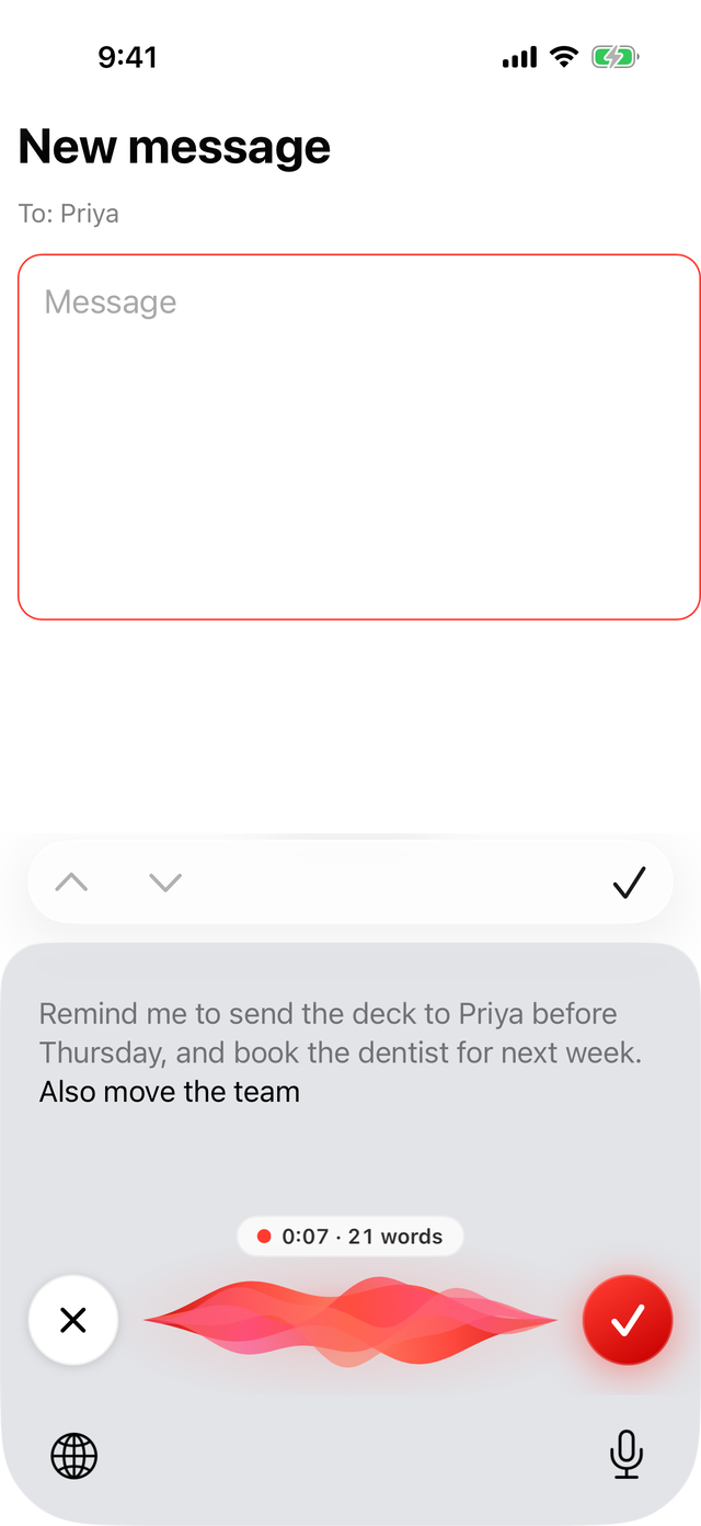 Dictating with the Rammenta keyboard: the spoken sentence appears live above a red ribbon that moves with the voice, with a cancel button on the left and a check button on the right.